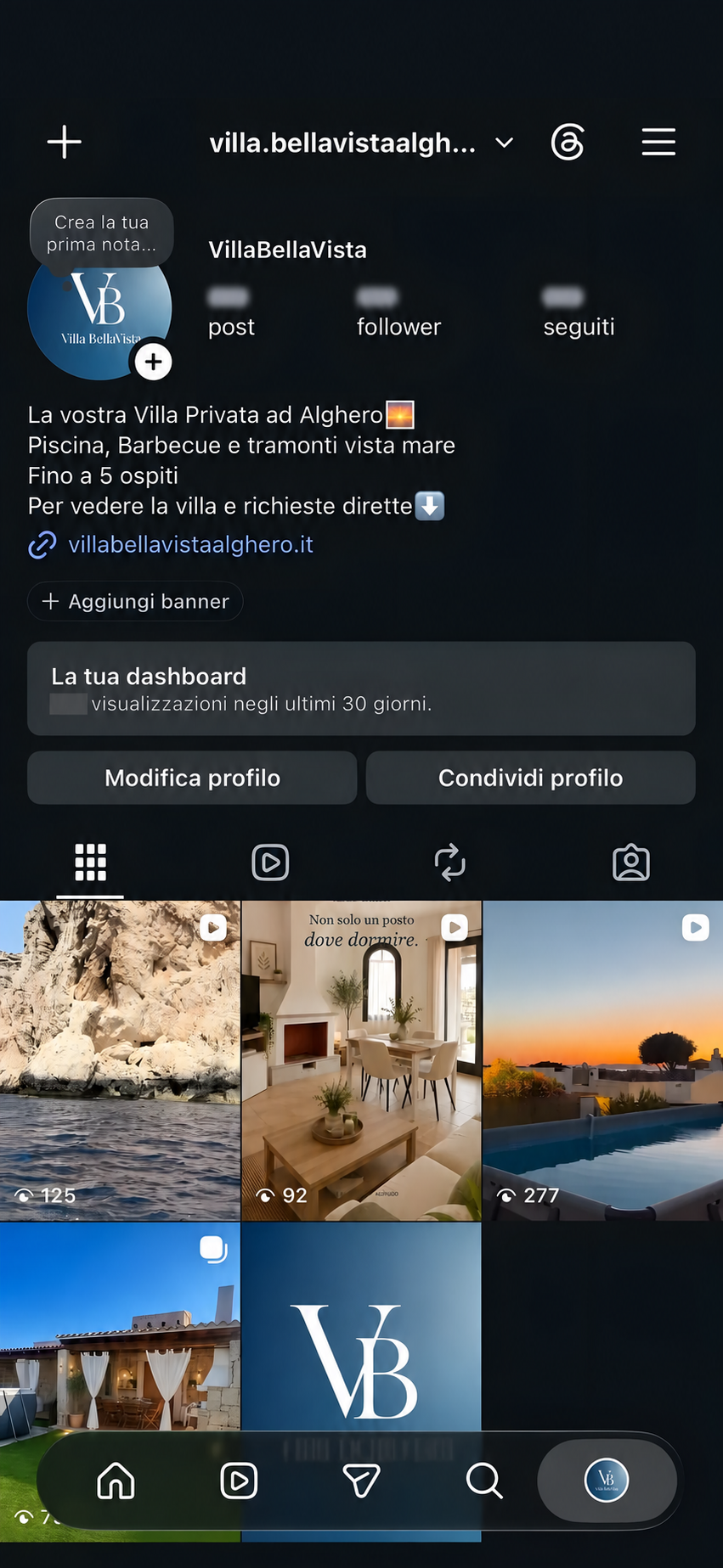 Il profilo Instagram di Villa BellaVista: logo, descrizione, link al sito e i primi post